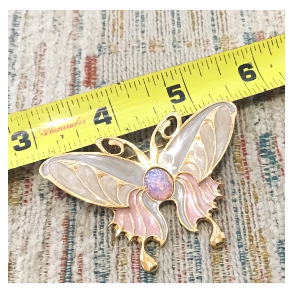 Beautiful Large 3 Tone Swirl Enamel Opal Cabochon Gold Butterfly Brooch - Picture 7 of 10
